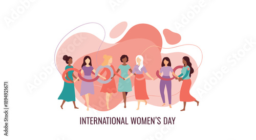 Chain of Diverse Women Holding Hands in Front of Abstract Pink Shapes Representing Global Sisterhood and International Women's Day Unity Illustration on White Background, Generative AI.