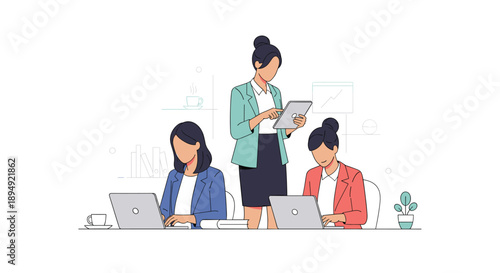 Three Professional Women Working Together in a Modern Office Environment with Laptops and Tablets Representing Female Leadership and Career Success Illustration, Generative AI.