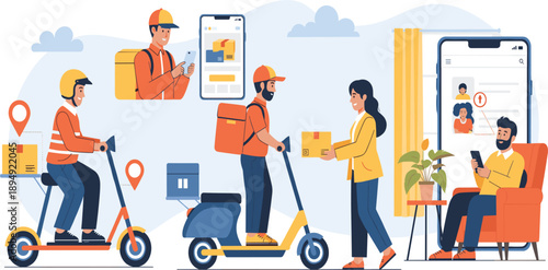 Last Mile Delivery Service Illustration Showing Courier Riders, Package Distribution, Mobile App Tracking, and Online Food and Parcel Delivery Concept