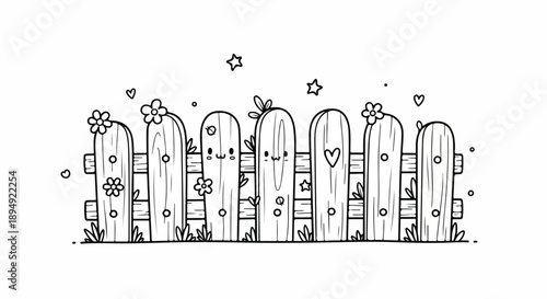 Digital illustration of a whimsical wooden fence with decorative posts, flowers, and stars on a white background in a playful line drawing style.