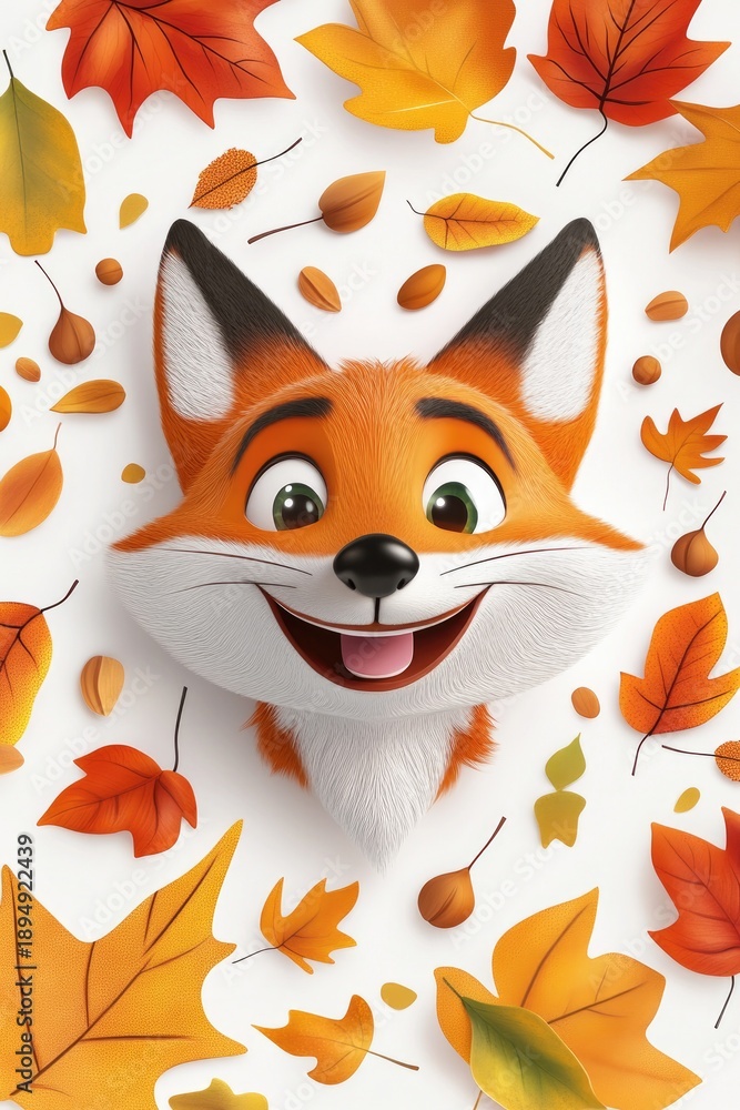 Fototapeta premium Cute cartoon fox sitting among colorful autumn leaves
