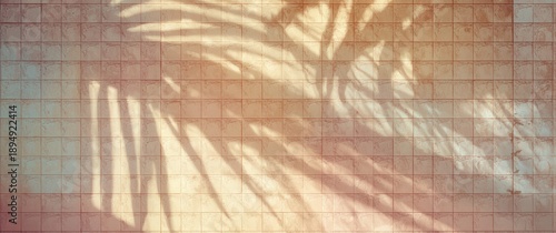 Square tiled pastel pink, blue, and yellow texture with palm leaves shadows