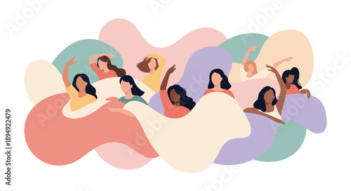 Diverse Women Dancing and Celebrating Together Among Colorful Abstract Shapes Illustration for Global Sisterhood and Joy, Generative AI.