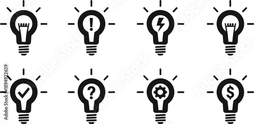 Light Bulb Idea Icon Set with Creative Symbols, Innovation Concepts, Problem Solving, Energy, Finance, and Strategy Thinking Vector Design
