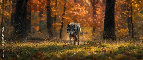 A wolf prowls through the fall forest scene. Eurasian wolf, known as the gray or grey wolf, Timber wolf. Scientific name: Canis lupus lupus. Habitat: Autumn forest