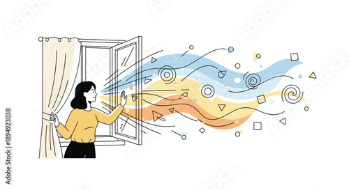 Woman Opening Window with Colorful Abstract Shapes and Flowing Lines Representing New Ideas and Fresh Perspective, Generative AI.