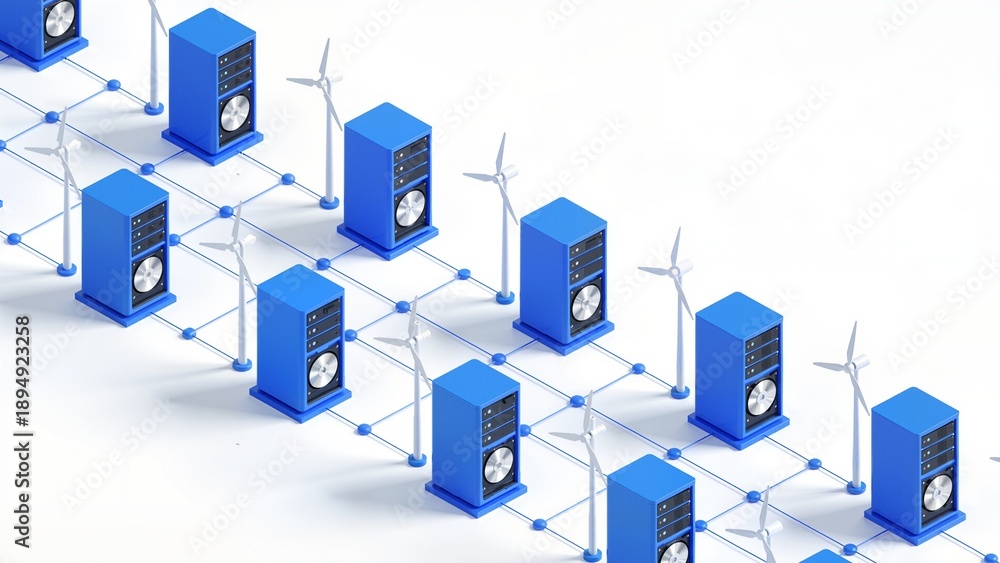 Obraz premium Blue servers and wind turbines network
