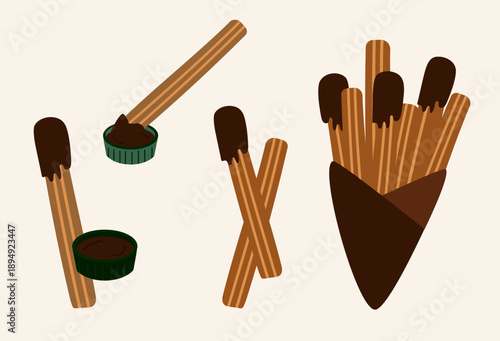 Churros set vector illustration chocolate dipped spanish dessert