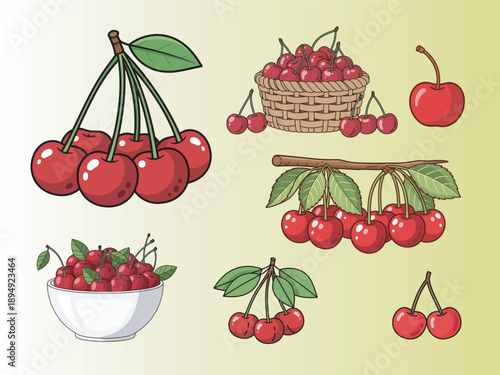 Cherry flat illustration design used for fruit packaging, dessert branding, and seasonal food visuals