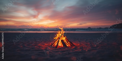 Beach bonfire scene at dawn with colorful sky, used as a UI backdrop, seasonal change