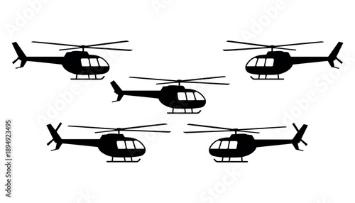Black silhouettes of five helicopters on white background aircraft