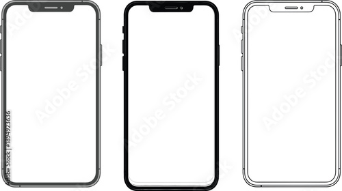 Smartphone Frame Mockup Set Showing Modern Mobile Phone Front Views with Blank Screens for App UI UX Design and Interface Presentation