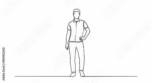 Man standing confidently with hand on hip in simple line drawing style.