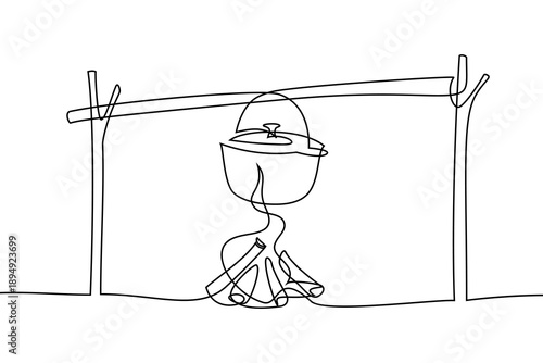 Outdoor cooking in continuous line art drawing style. Cauldron hanging over an open fire. Adventure hiking and backpacking. Black linear sketch isolated on white background. Vector illustration
