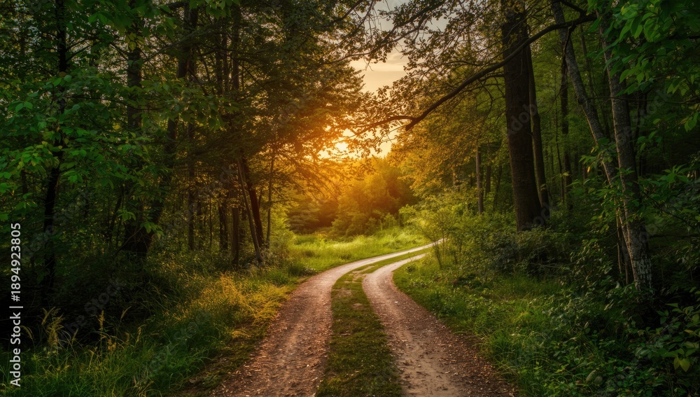 Fototapeta premium A dirt pathway heading into a sunset, suitable for nature trail backgrounds, outdoor activity scenes