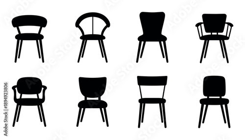 Black silhouettes of various chairs on white background furniture