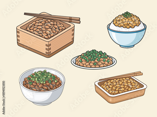 Natto flat illustration design used for Japanese food menu, healthy diet content, and Asian cuisine branding