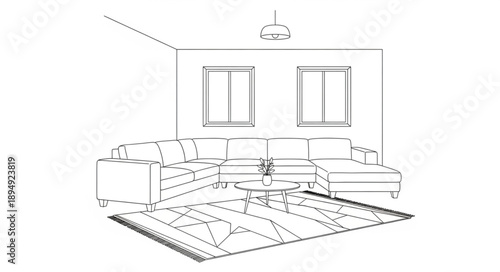 Interior design sketch of a modern living room with sectional sofa.