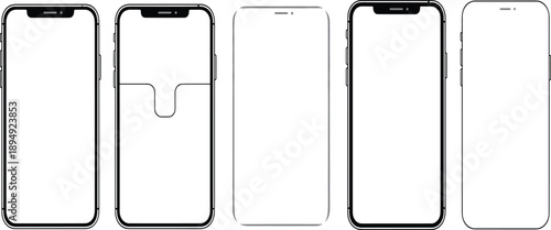Smartphone Screen Mockup Set Showing Modern Mobile Phone Front Views with Blank Displays for App UI UX Design and Interface Presentation