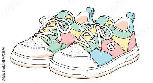 Colorful illustration of a pair of children's sneakers with smiley face design on a white background.