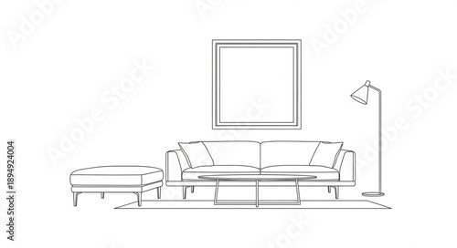 Interior design sketch of a modern living room with sofa and ottoman.