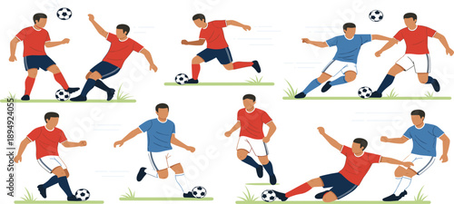 Soccer Player Action Illustration Set Showing Football Dribbling, Kicking, Tackling, and Match Play Poses for Sports, Training, and Game Design