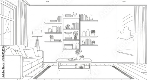 Interior sketch of a modern living room with bookshelves and sofa.