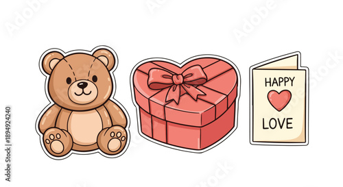 Flat lay illustration of a teddy bear, heart-shaped gift box, and Valentine's Day card on a white background with a sweet and romantic mood.