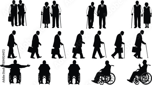 Elderly People Silhouette Set Featuring Senior Couples Walking with Canes and Disabled Individuals in Wheelchairs for Aging and Healthcare Concepts