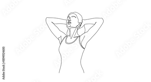 Woman Stretching Arms Upwards Simple Line Drawing.