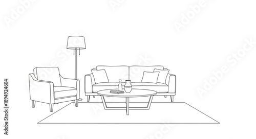 Living room furniture sketch with sofa armchair and coffee table.