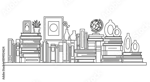 Line Drawing of Books and Decorative Items.