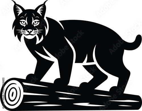Black lynx silhouette illustration standing on log in bold vector style, fierce wild cat artwork for wildlife themes, nature logos, forest branding, mascots, and creative design projects
