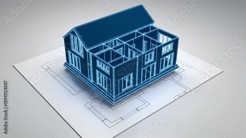 Wallpaper Mural Seamless loop of a clean white architectural 2D floor plan smoothly transforming and building up into a minimalist 3D wireframe house model visualization transforming, development, house Torontodigital.ca