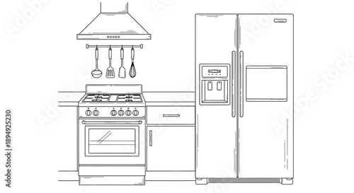 Kitchen Appliances Stove and Refrigerator Illustration.