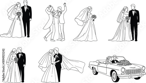 Elegant Wedding Illustration Set Featuring Bride and Groom Posing, Dancing, and Driving Vintage Convertible Car in Minimalist Black Line Art Style