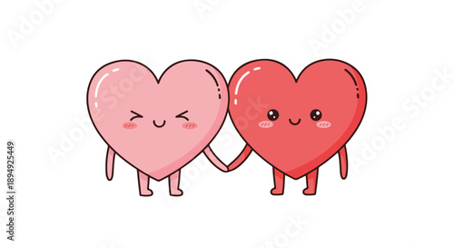 Two cute cartoon hearts holding hands with smiling and blushing faces on a white background in a playful and affectionate mood.