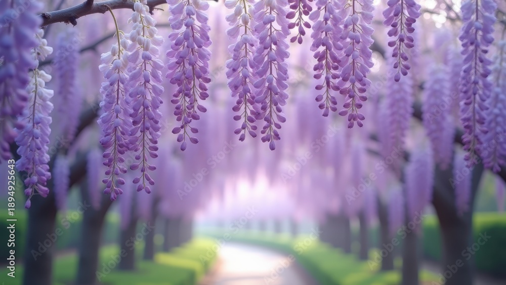 Fototapeta premium Japanese wisteria flowers hanging in purple cascades, spring garden spectacle, romantic floral display