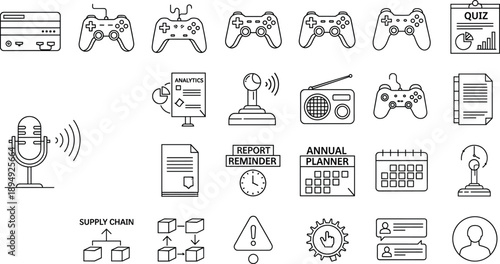 Media Gaming Analytics and Planning Line Icons Set