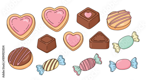 Colorful assortment of assorted candies and chocolates on a white background in a flat lay composition with pastel colors.