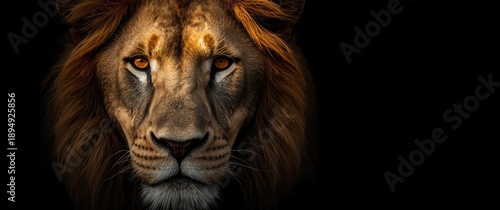 powerful lion male featuring bright orange eyes and bleached face, portrait against black backdrop, inquisitive gaze, sun-consecrated mane