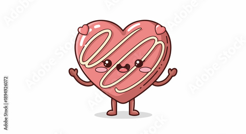 Cartoon heart-shaped pastry with icing and a cheerful face gesturing on a white background with a playful mood.