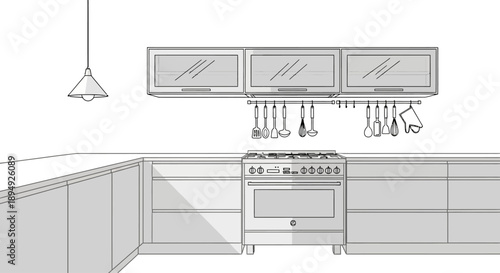 Kitchen Illustration with Modern Appliances and Utensils.