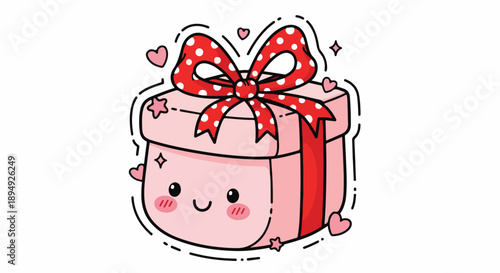 A cheerful pink gift box with a red bow and white polka dots on a white background with hearts and sparkles.