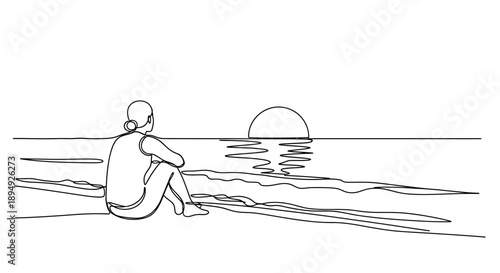 Person Sitting on Beach at Sunset.