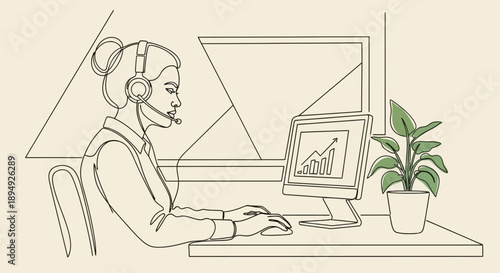 Woman Wearing Headset Working on Computer.