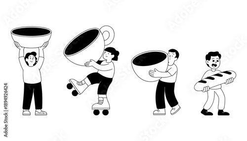 Funny Man Holding Giant Coffee Cup Hand Drawn in white background.