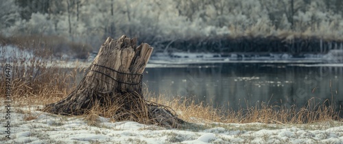 Tree trunk by the pond shielded with metal mesh to stop beaver gnawing