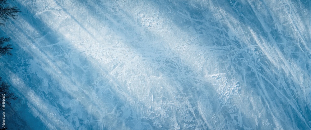 Obraz premium Bird's-eye view of a calm frozen lake dotted with gentle shadows from trees, depicting a serene winter landscape