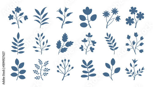Blue botanical silhouettes on white background plants leaves 